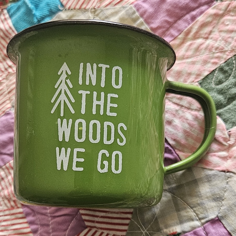 Green Ceramic Mug with 'Into the Woods We Go' Design
